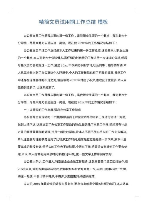 精简文员试用期工作总结