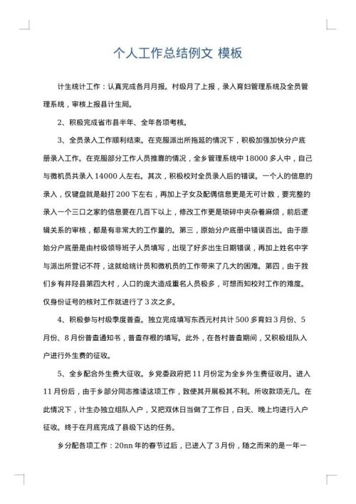 个人工作总结例文
