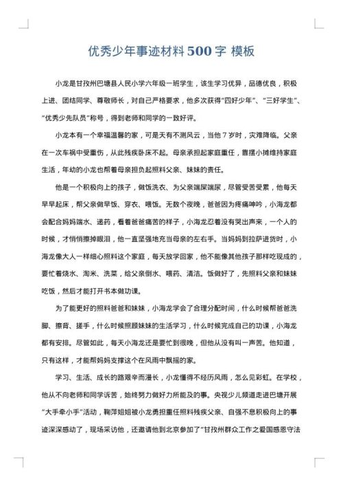 优秀少年事迹材料500字
