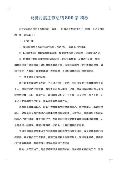 财务月度工作总结800字