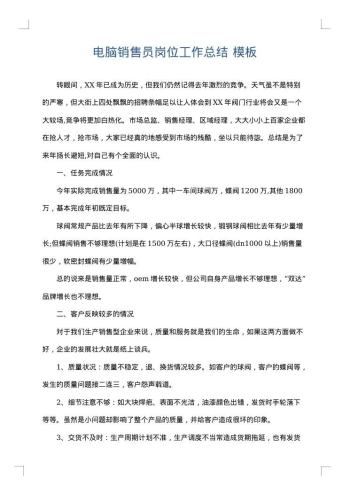 电脑销售员岗位工作总结