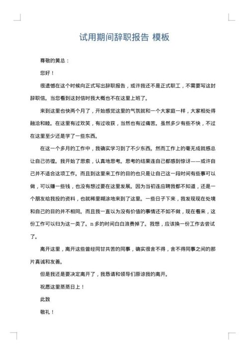 试用期间辞职报告