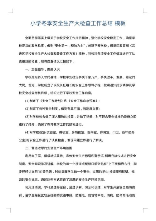 小学冬季安全生产大检查工作总结