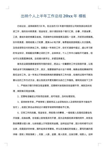 出纳个人上半年工作总结20xx年