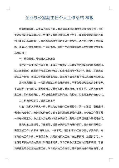 企业办公室副主任个人工作总结