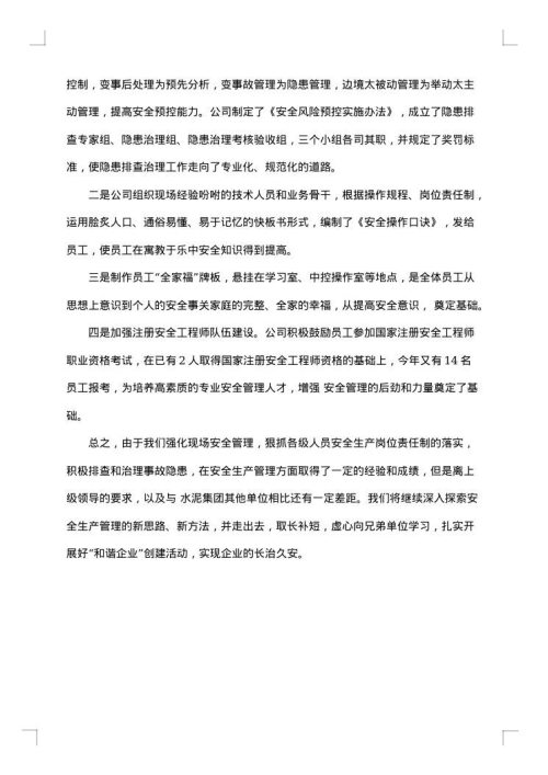 水泥厂安全员工作总结参考范例