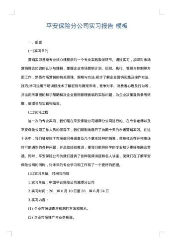 平安保险分公司实习报告
