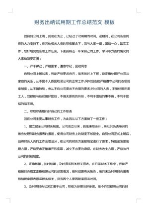 财务出纳试用期工作总结范文