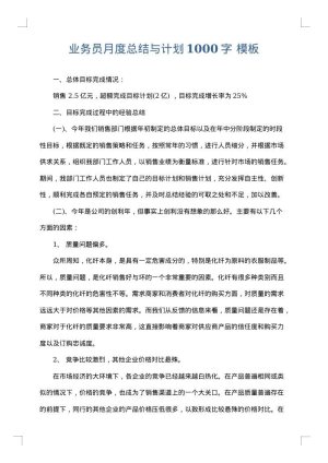 业务员月度总结与计划1000字