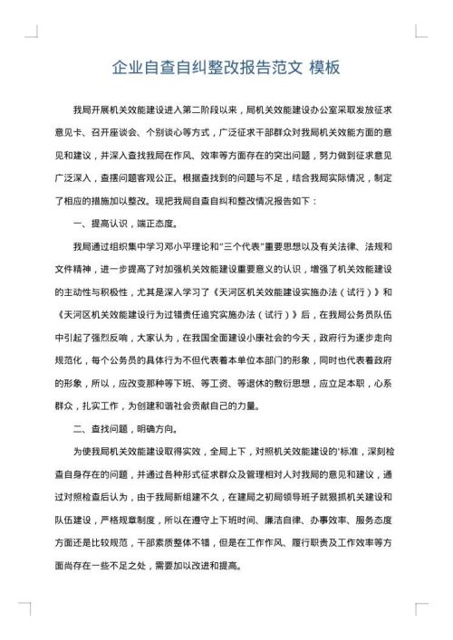企业自查自纠整改报告范文