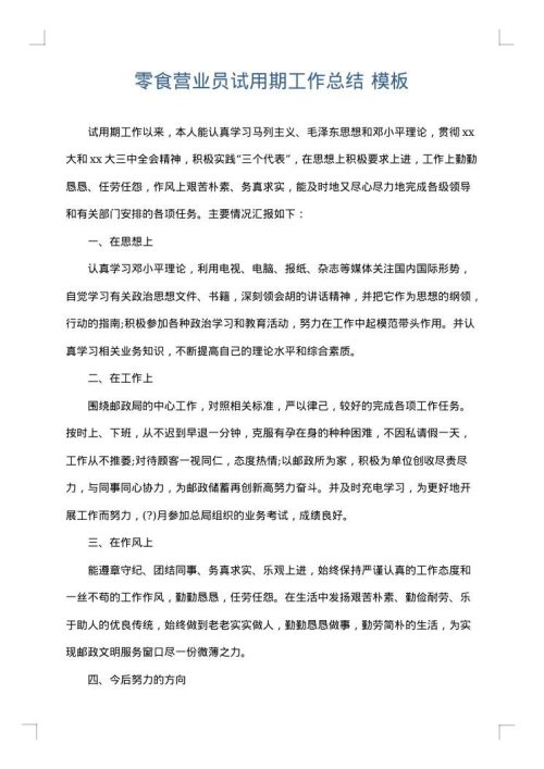 零食营业员试用期工作总结