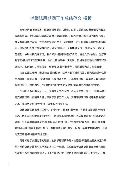 辅警试用期满工作总结范文