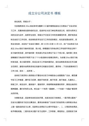 成立分公司决定书