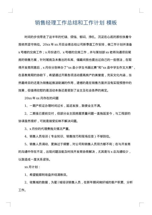 销售经理工作总结和工作计划