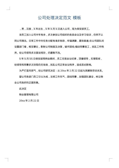 公司处理决定范文