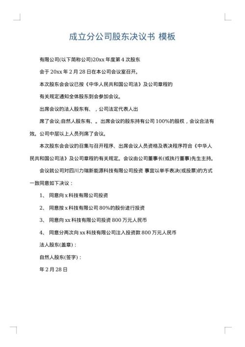 成立分公司股东决议书