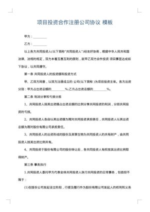 项目投资合作注册公司协议