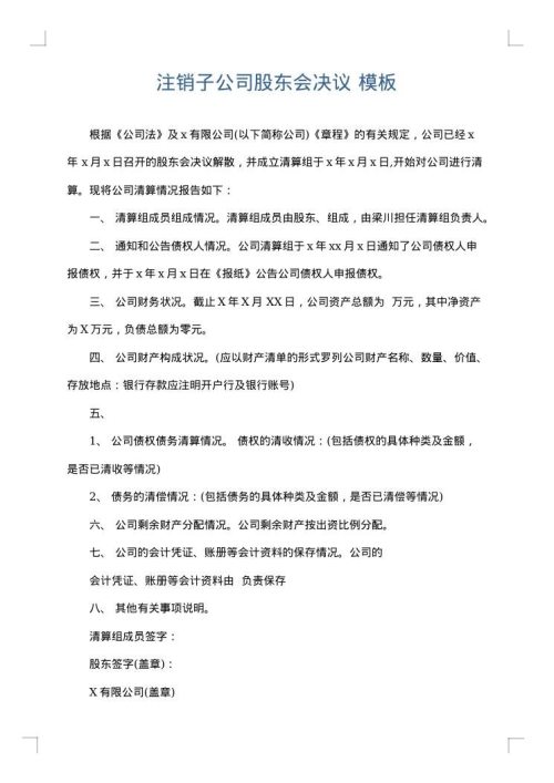 注销子公司股东会决议