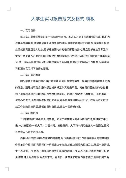 大学生实习报告范文及格式