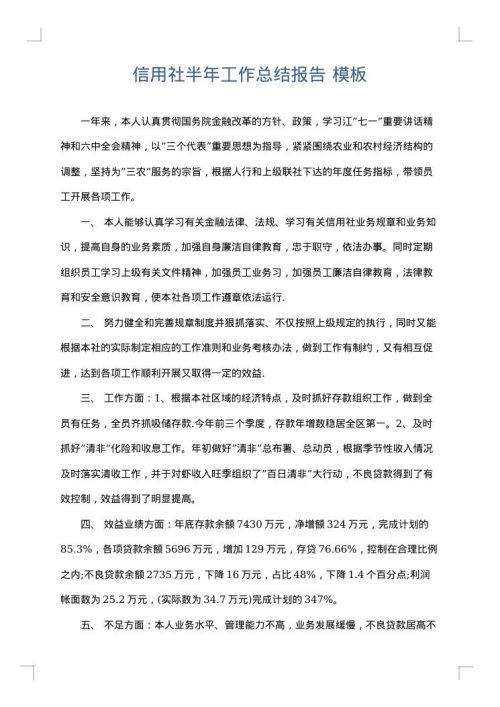 信用社半年工作总结报告