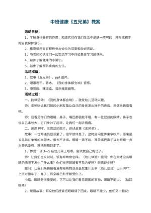 幼儿园中班健康教案《五兄弟》 包含反思