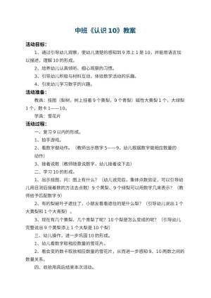 幼儿园中班教案《认识10》