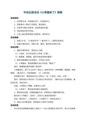 幼儿园中班主题教案活动《小草醒来了》 包含反思预览