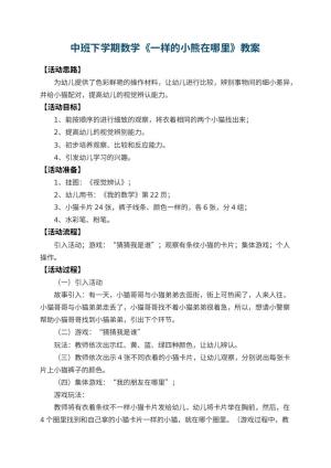 幼儿园中班下学期数学教案《一样的小熊在哪里》 包含反思预览