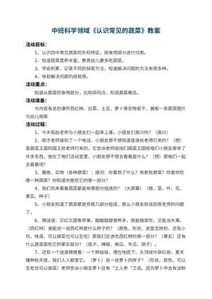幼儿园中班科学领域教案《认识常见的蔬菜》 包含反思预览