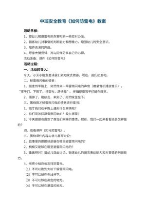 幼儿园中班安全教育教案《如何防雷电》 包含反思预览