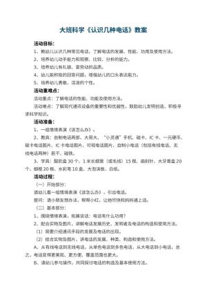 幼儿园大班科学教案《认识几种电话》 包含反思预览