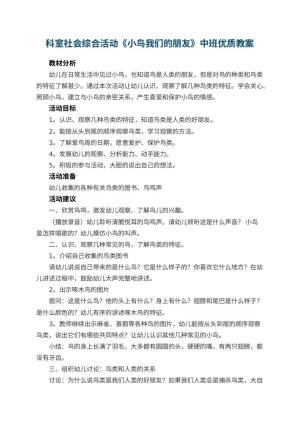 幼儿园科室社会综合活动《小鸟我们的朋友》中班优质教案 包含反思预览