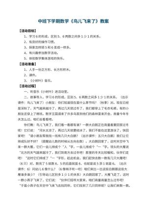 幼儿园中班下学期数学教案《鸟儿飞来了》 包含反思