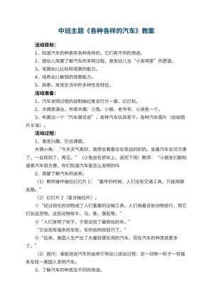 幼儿园中班主题教案《各种各样的汽车》 包含反思预览