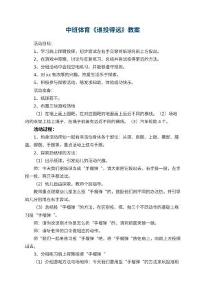 幼儿园中班体育教案《谁投得远》 包含反思预览