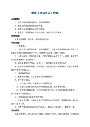 幼儿园中班教案《电话号码》 包含反思预览