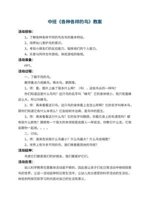幼儿园中班教案《各种各样的鸟》 包含反思