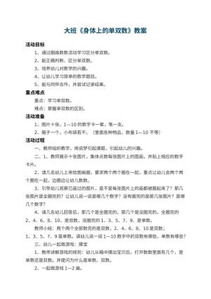 幼儿园大班教案《身体上的单双数》 包含反思预览