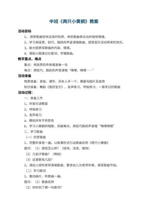 幼儿园中班教案《两只小黄鹂》 包含反思预览