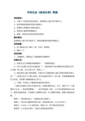 幼儿园中班社会教案《独自在家》 包含反思预览