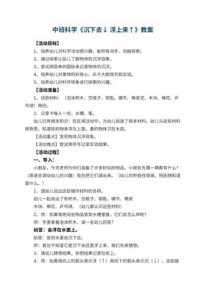 幼儿园中班科学教案《沉下去↓ 浮上来↑》 包含反思预览