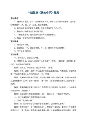 幼儿园中班健康教案《我的小手》 包含反思预览