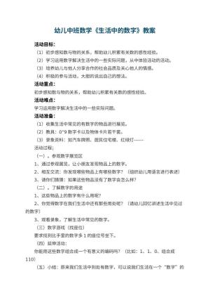 幼儿园幼儿中班数学教案《生活中的数字》 包含反思预览