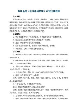 幼儿园数学活动《生活中的数字》中班优质教案 包含反思预览