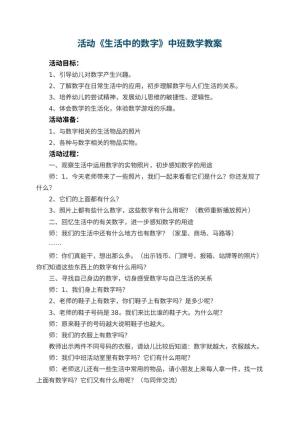 幼儿园活动《生活中的数字》中班数学教案 包含反思预览