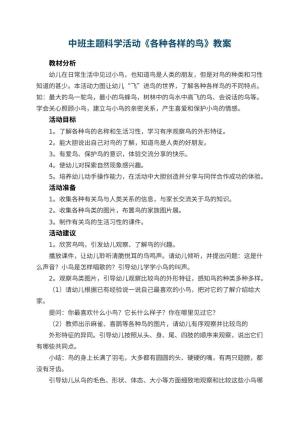 幼儿园中班主题科学活动教案《各种各样的鸟》 包含反思