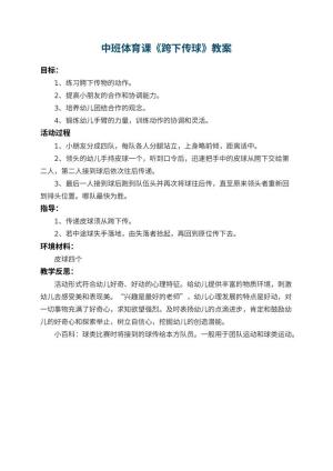 幼儿园中班体育课教案《跨下传球》 包含反思预览