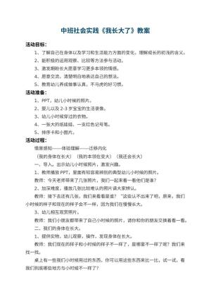 幼儿园中班社会实践教案《我长大了》 包含反思预览
