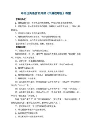 幼儿园中班优秀语言公开课教案《风藏在哪里》 包含反思预览