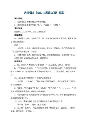 幼儿园大班语言优秀教案《绕口令黑猫白猫》 包含反思预览